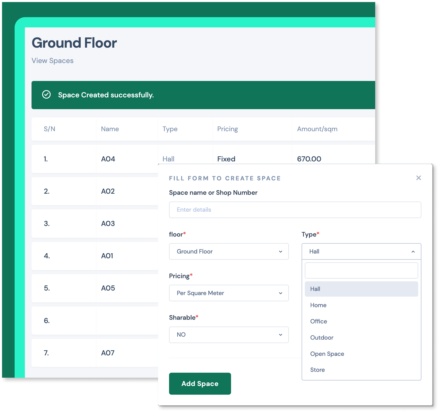 Spaces view with multiple spaces with difirent pricing options and pace type